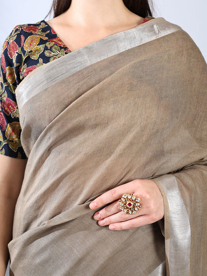 Light Brown Cotton Linen Zari Saree