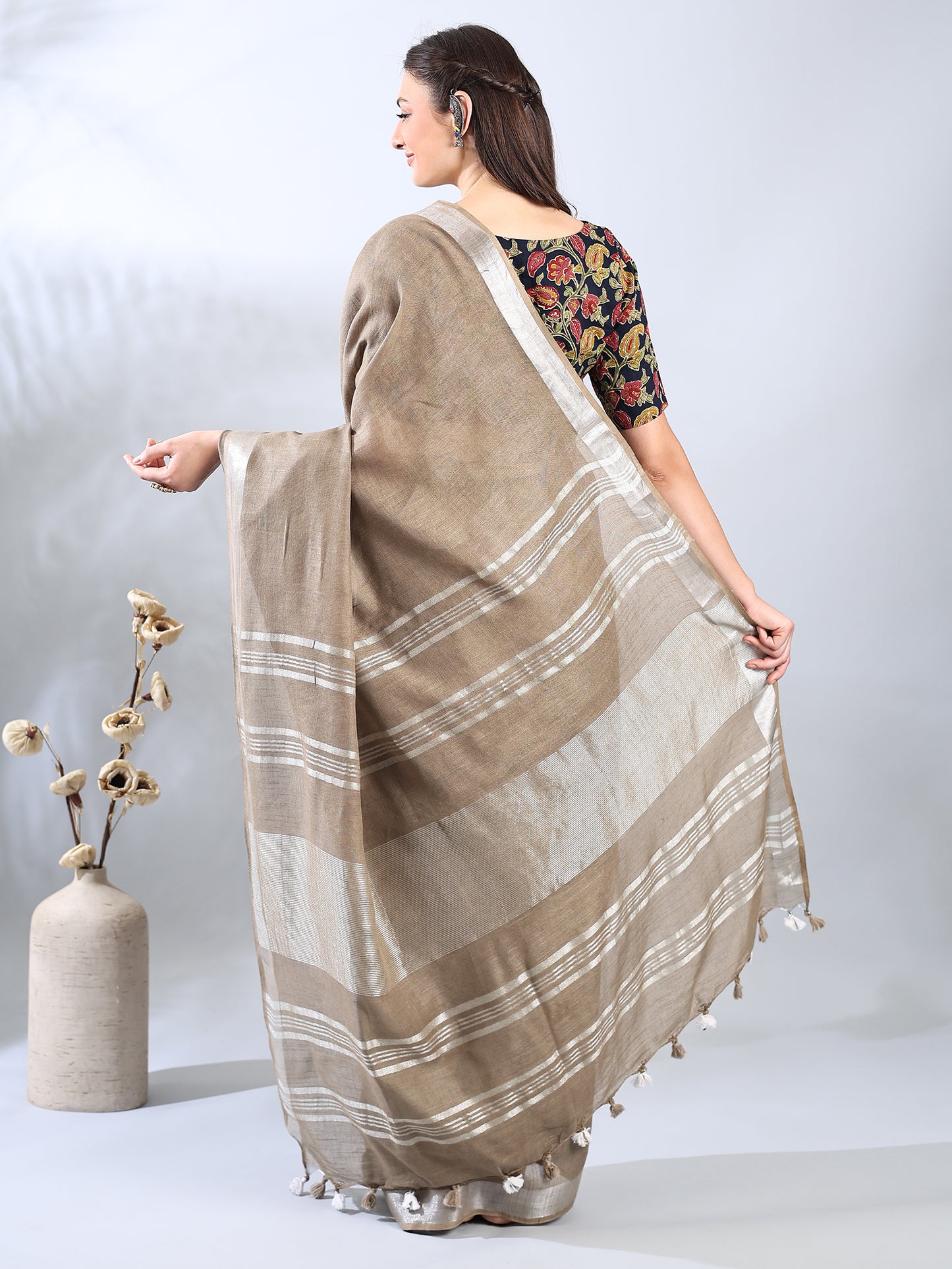 Light Brown Cotton Linen Saree with Silver Zari Border