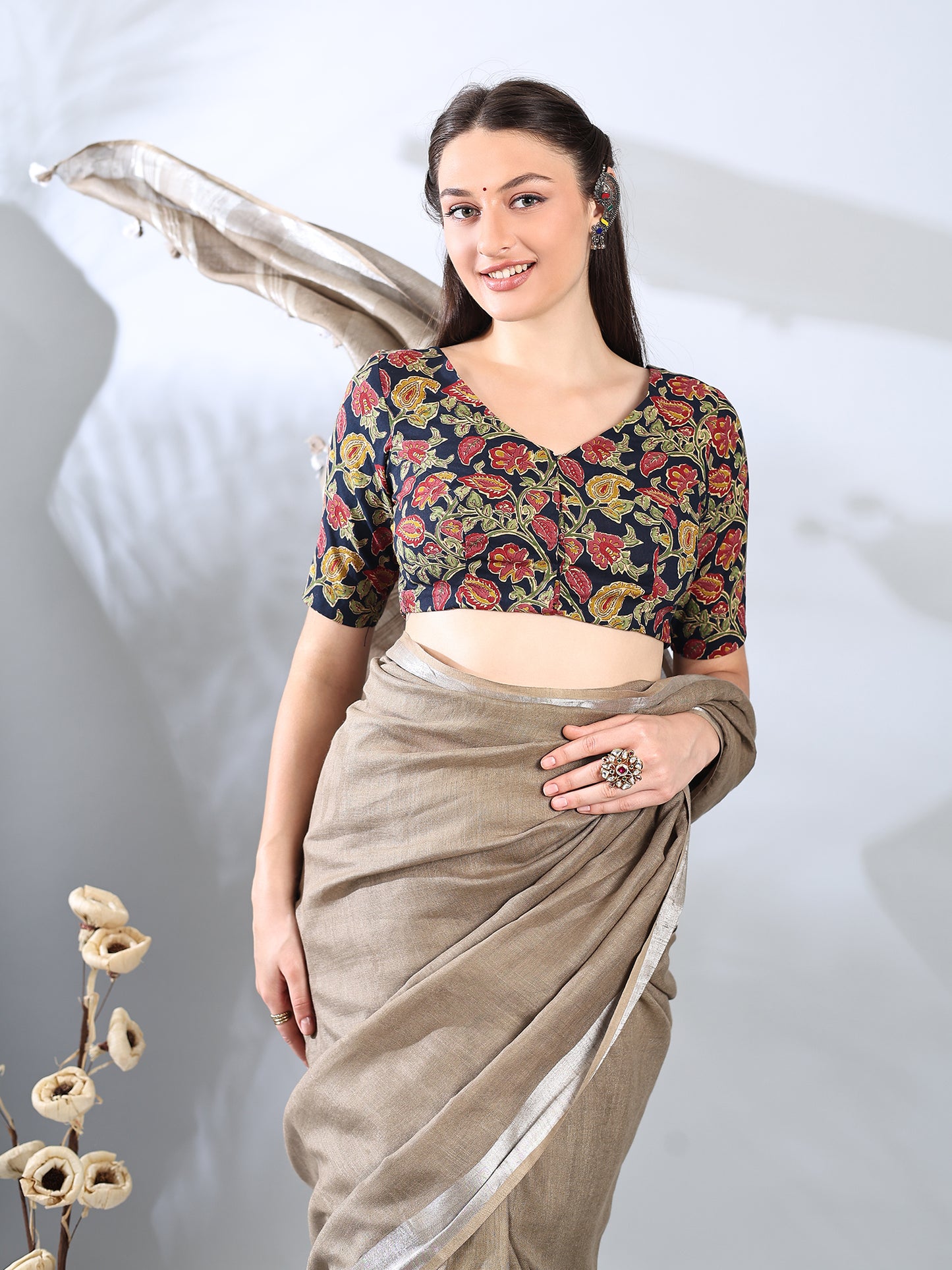 Light Brown Cotton Linen Saree with Silver Zari Border