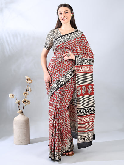 Maroon Cotton Ajrakh Printed Saree