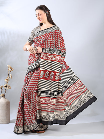 Maroon Cotton Ajrakh Printed Saree