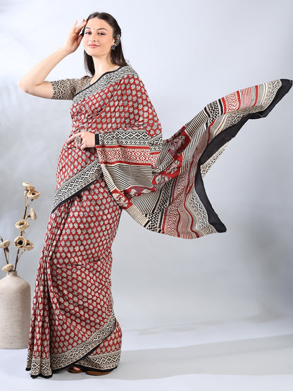 Maroon Cotton Ajrakh Printed Saree