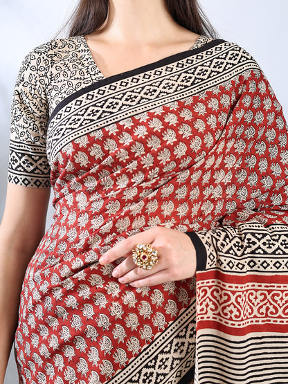 Maroon Cotton Ajrakh Printed Saree