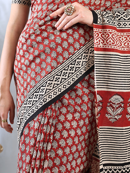 Maroon Cotton Ajrakh Printed Saree