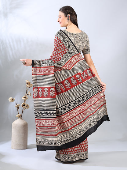 Maroon Cotton Ajrakh Printed Saree