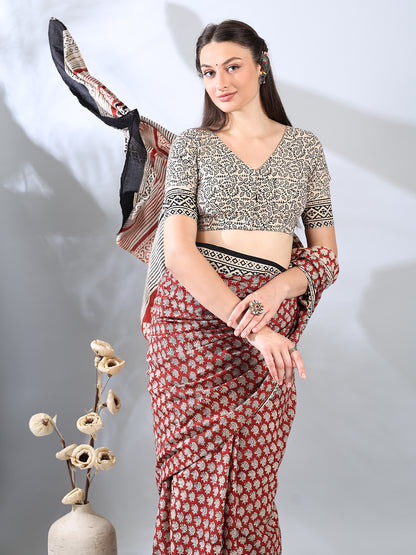 Maroon Cotton Ajrakh Printed Saree