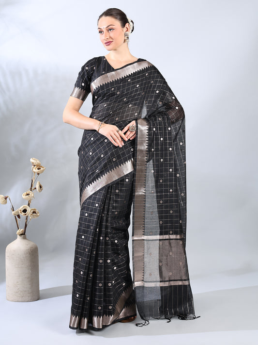 Black Chanderi Cotton Banarasi Saree with Zari Checks and Temple Border