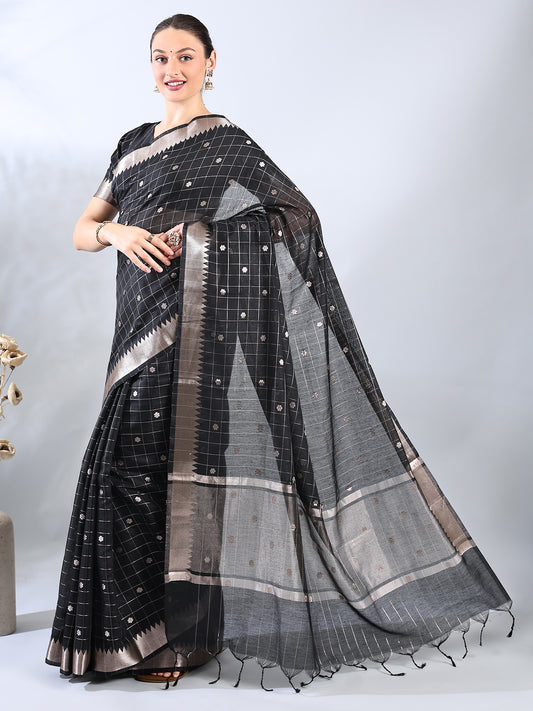 Black Chanderi Cotton Banarasi Saree with Zari Checks and Temple Border