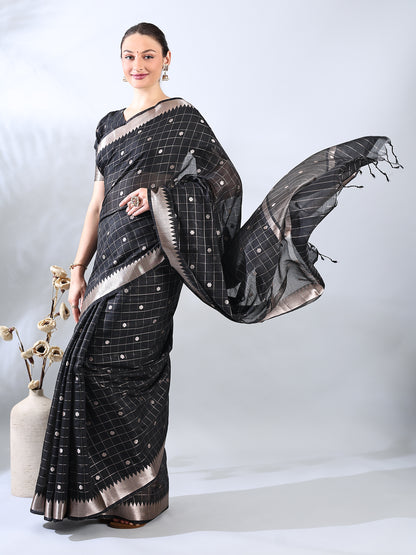 Black Chanderi Cotton Zari Woven Saree