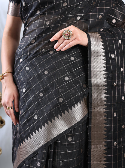 Black Chanderi Cotton Zari Woven Saree