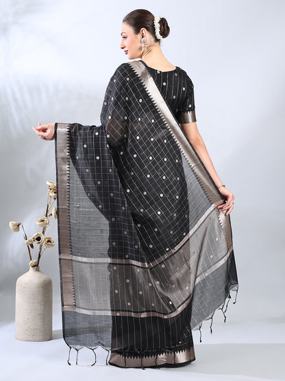 Black Chanderi Cotton Zari Woven Saree