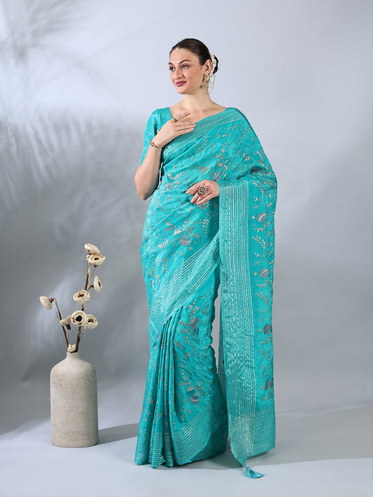 Firozi Dupion Silk Embroidered Saree