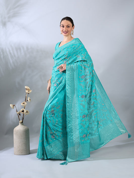 Firozi Dupion Silk Embroidered Saree