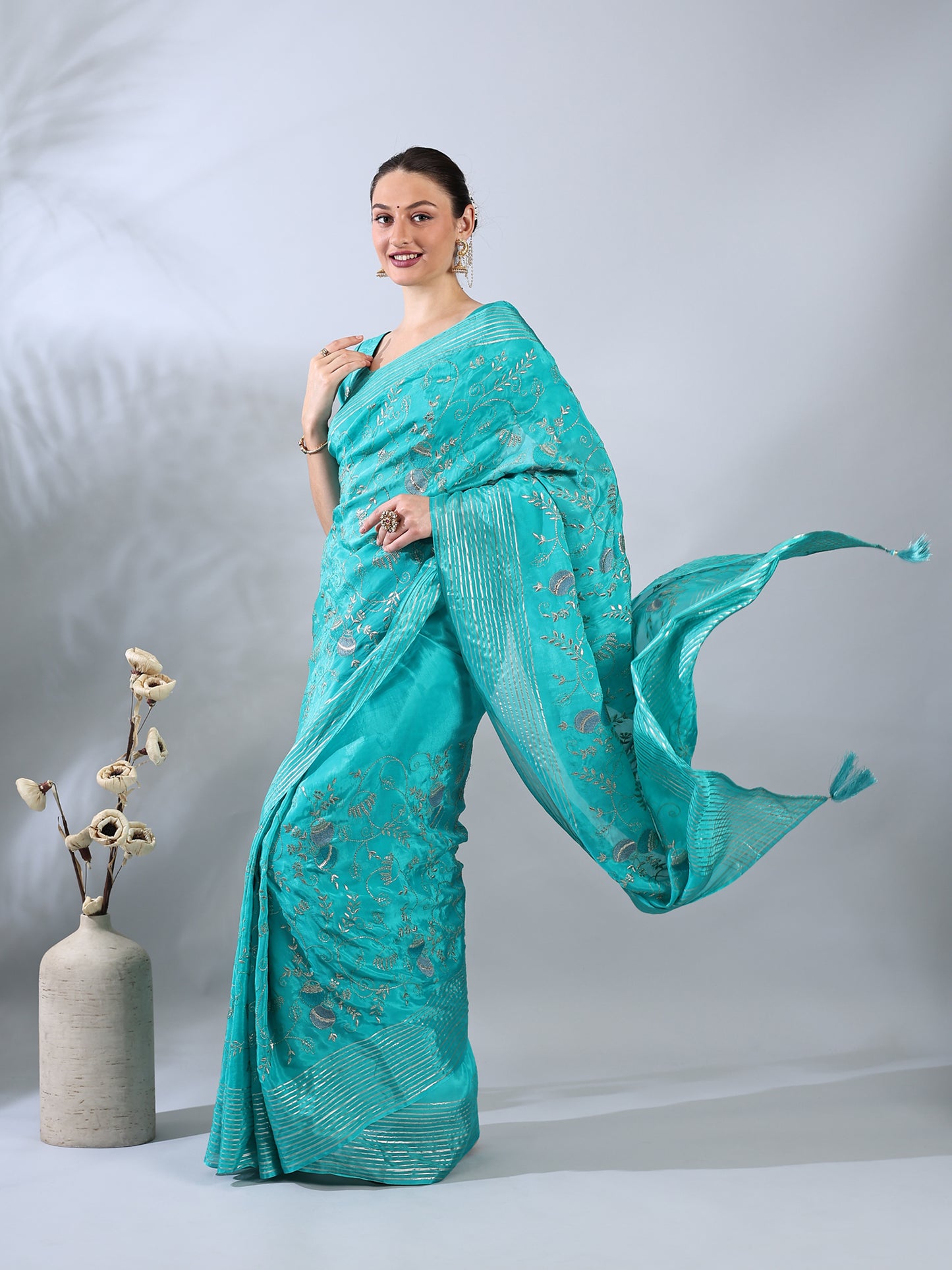 Firozi Dupion Silk Embroidered Saree
