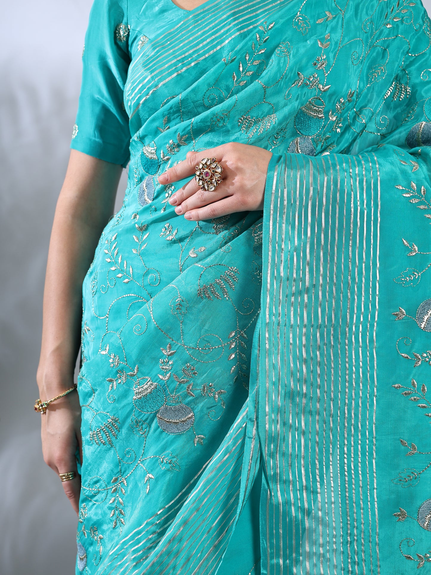Firozi Dupion Silk Embroidered Saree