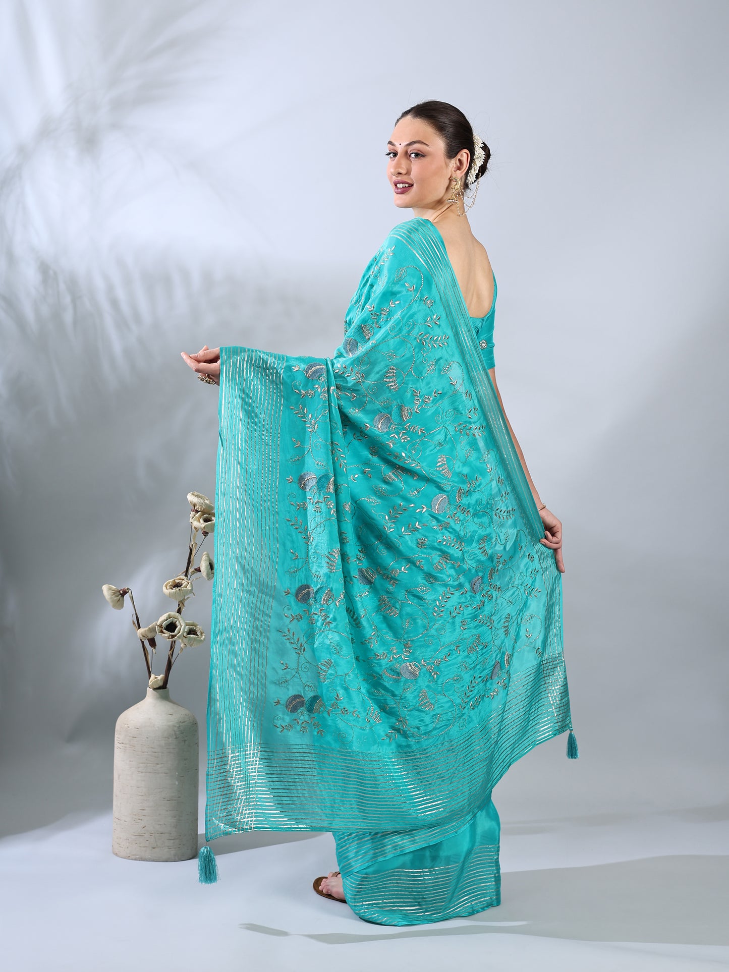 Firozi Dupion Silk Embroidered Saree