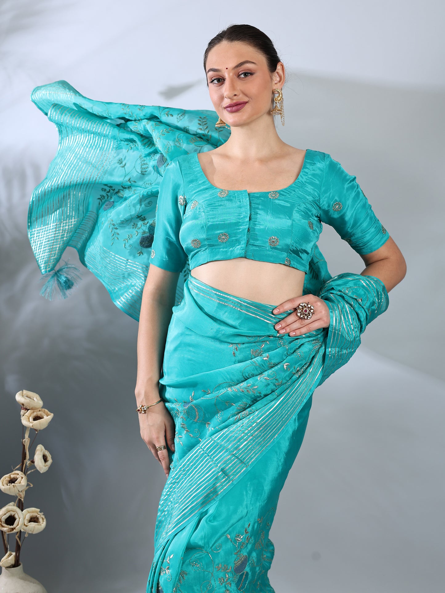 Firozi Dupion Silk Embroidered Saree