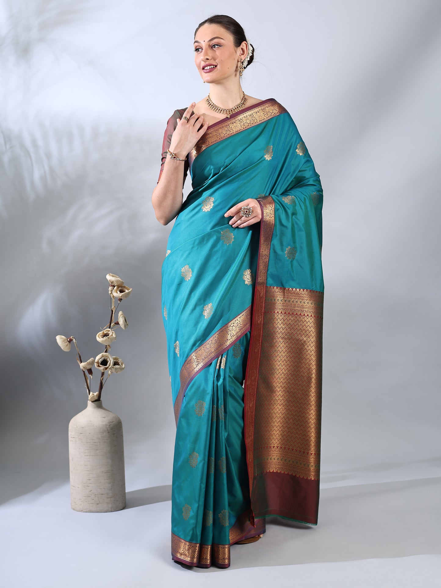 Teal Blue South Silk Zari Woven Saree
