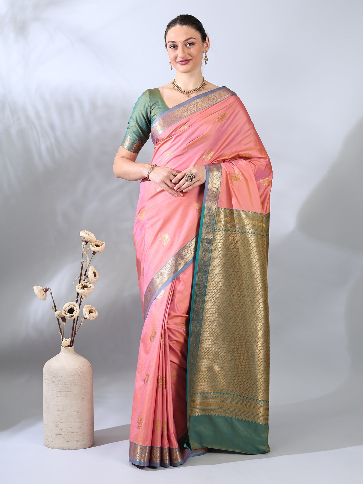 Coral Pink South Silk Zari Woven Saree