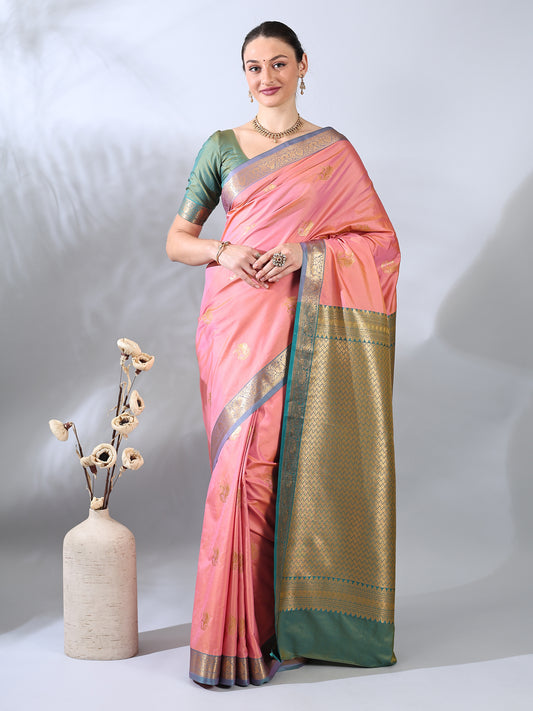 Coral Pink South Silk Zari Woven Saree