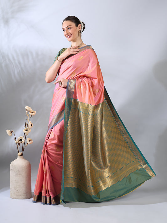 Coral Pink South Silk Zari Woven Saree