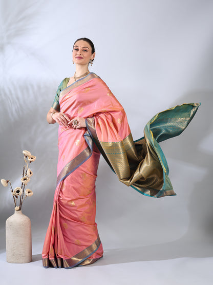 Coral Pink South Silk Zari Woven Saree