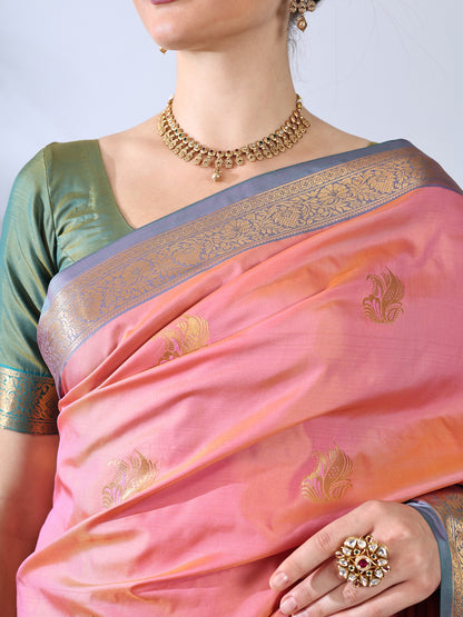 Coral Pink South Silk Zari Woven Saree