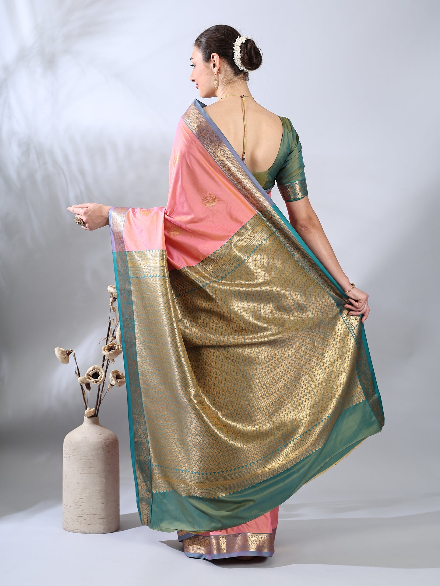 Coral Pink South Silk Zari Woven Saree