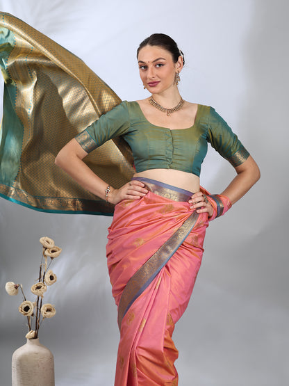 Coral Pink South Silk Zari Woven Saree