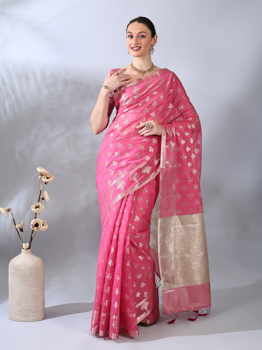Pink Banarasi Cotton Zari Woven Saree