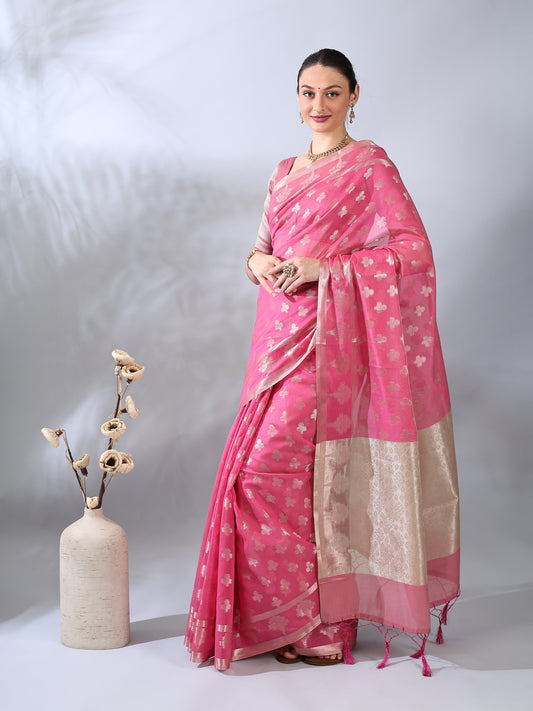 Pink Banarasi Cotton Zari Woven Saree
