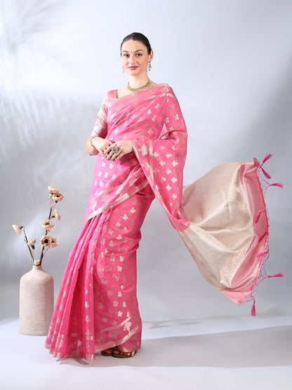 Pink Banarasi Cotton Zari Woven Saree