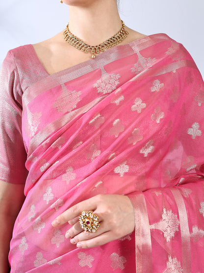 Pink Banarasi Cotton Zari Woven Saree