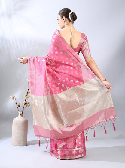 Pink Banarasi Cotton Zari Woven Saree