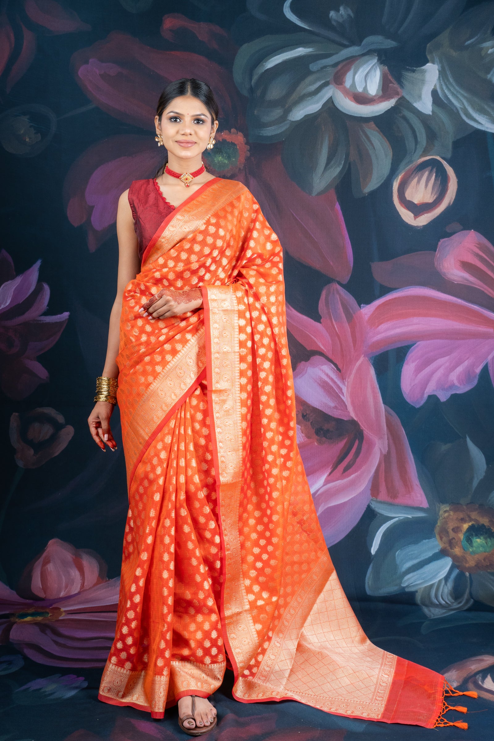 Banarasi Elegance Peach Chanderi Cotton Saree