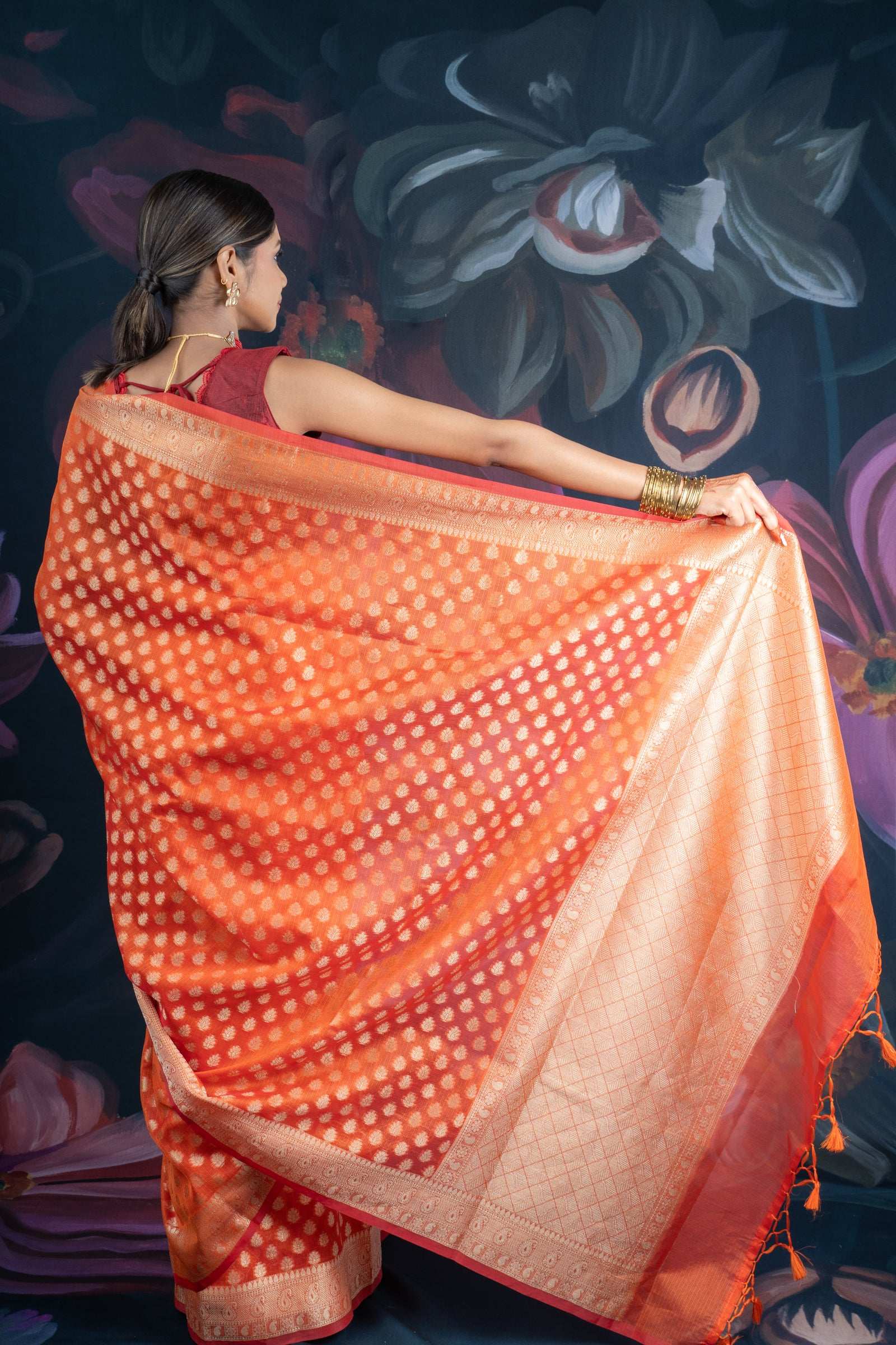 Banarasi Elegance Peach Chanderi Cotton Saree