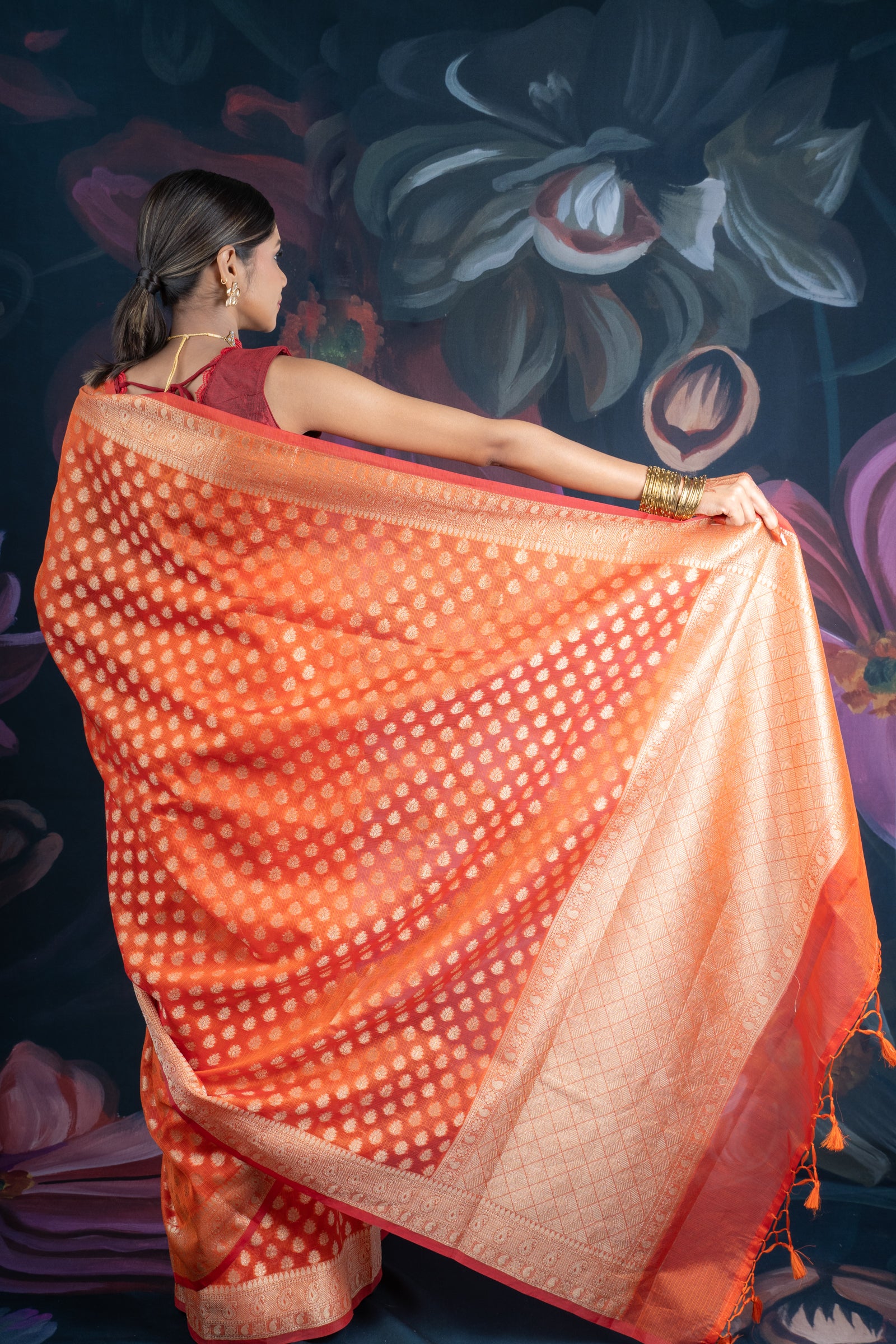 Banarasi Elegance Peach Chanderi Cotton Saree