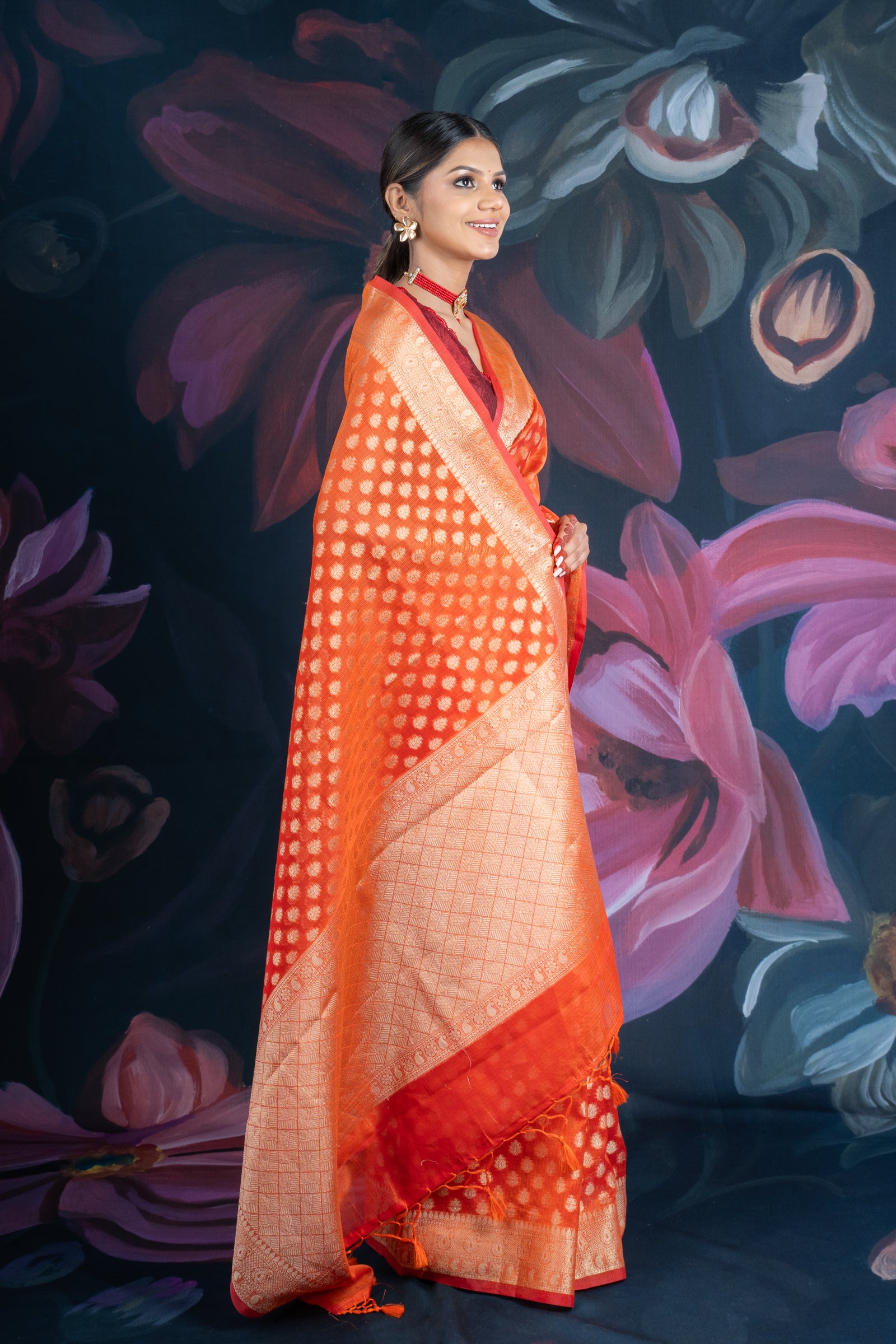 Banarasi Elegance Peach Chanderi Cotton Saree