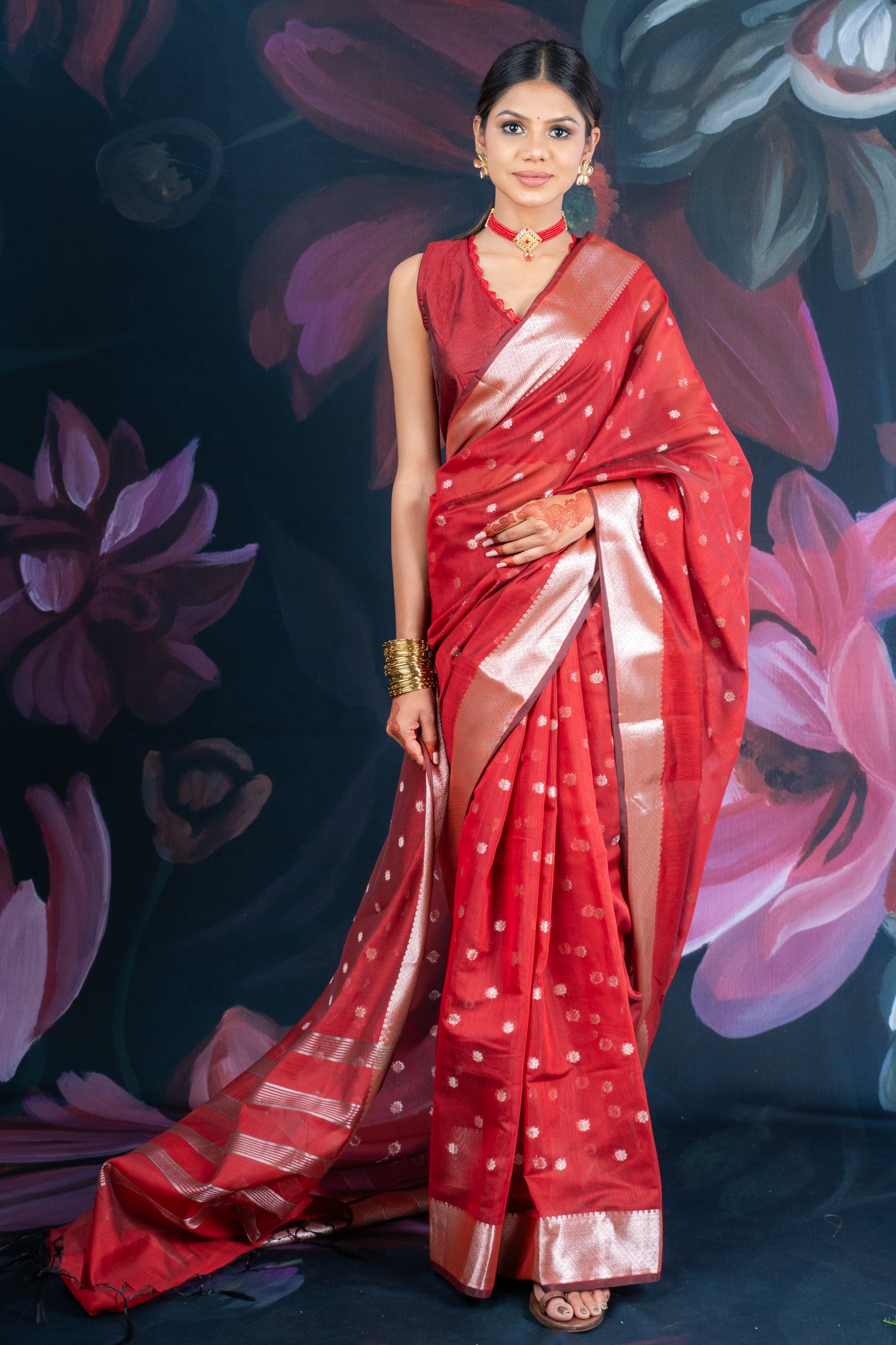 Maroon Chanderi Silk Saree with Banarasi Zari Booti