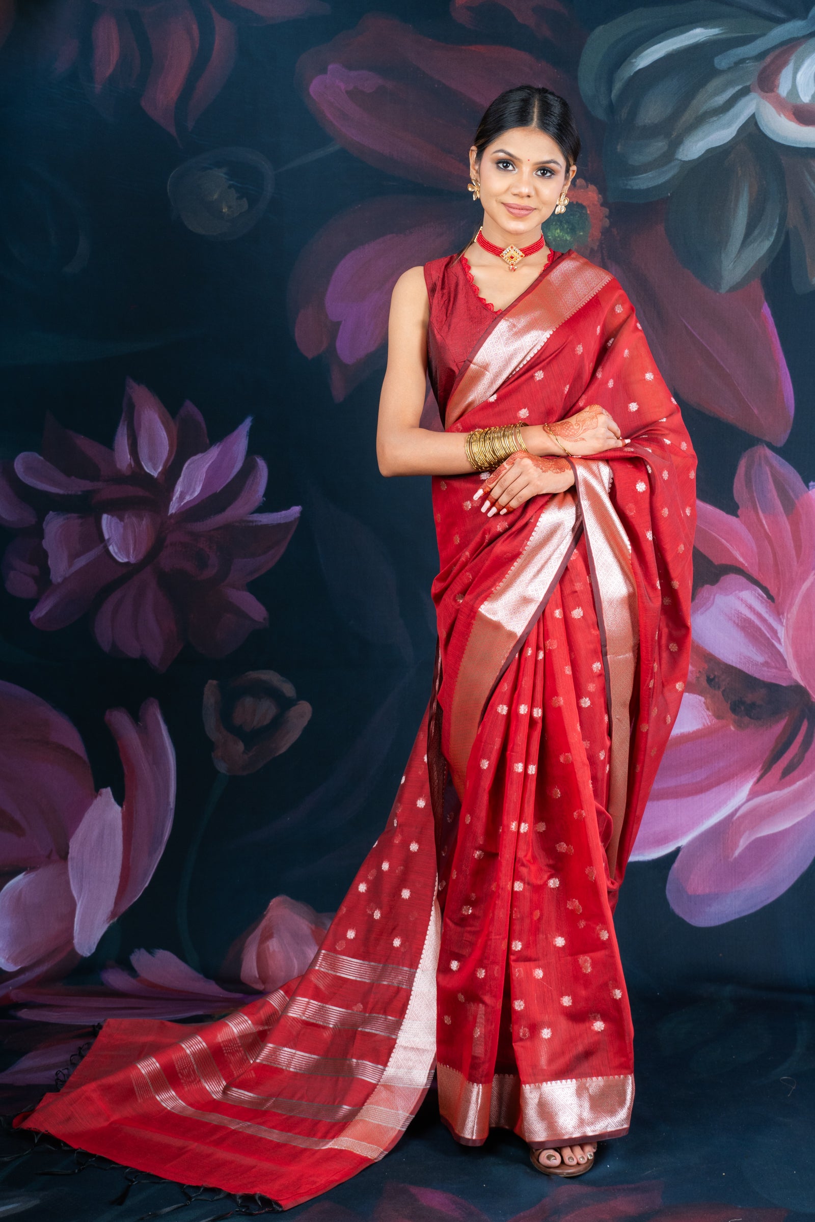 Maroon Chanderi Silk Saree with Banarasi Zari Booti