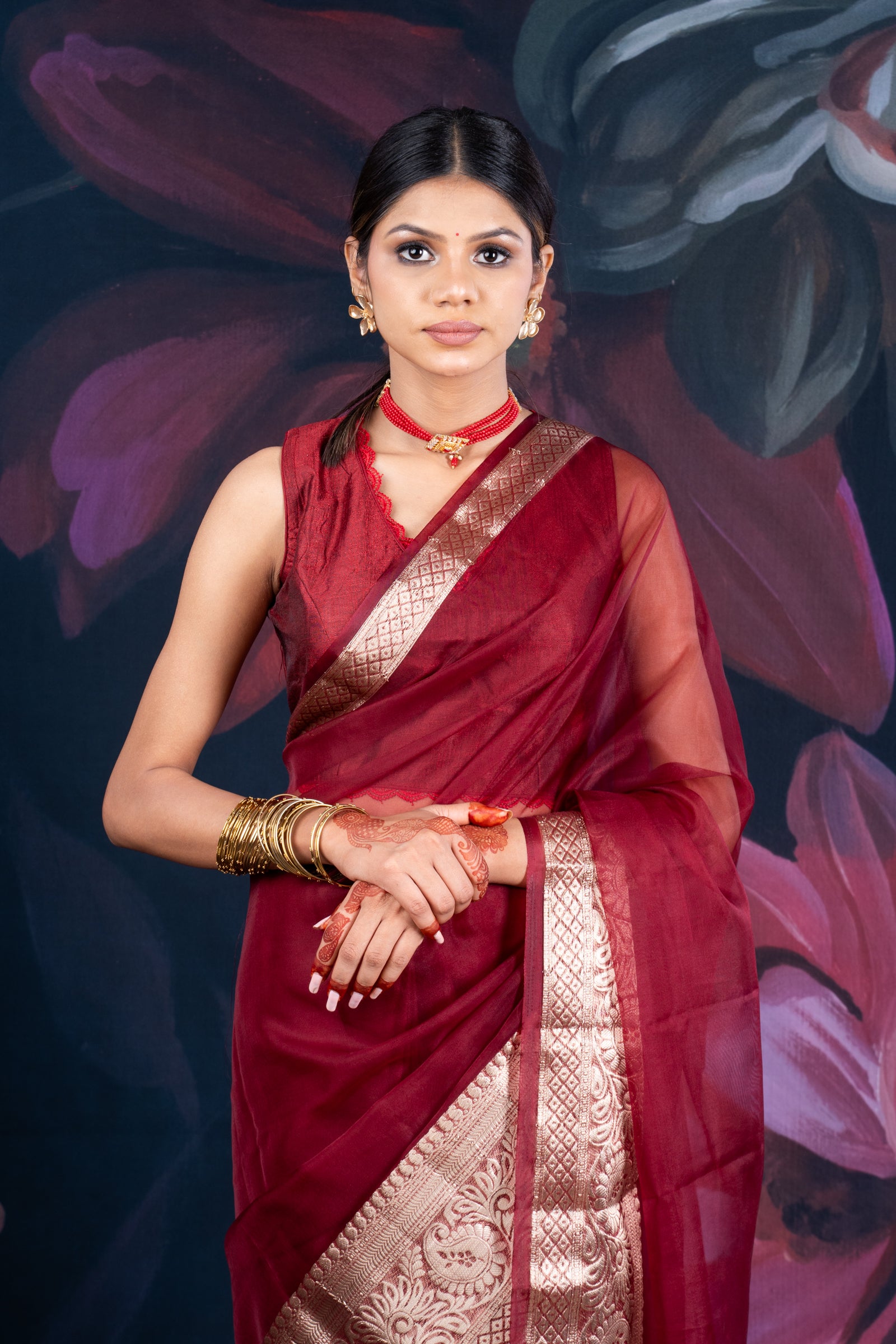 Maroon Organza Saree with Zari Border and Chitt Paloo