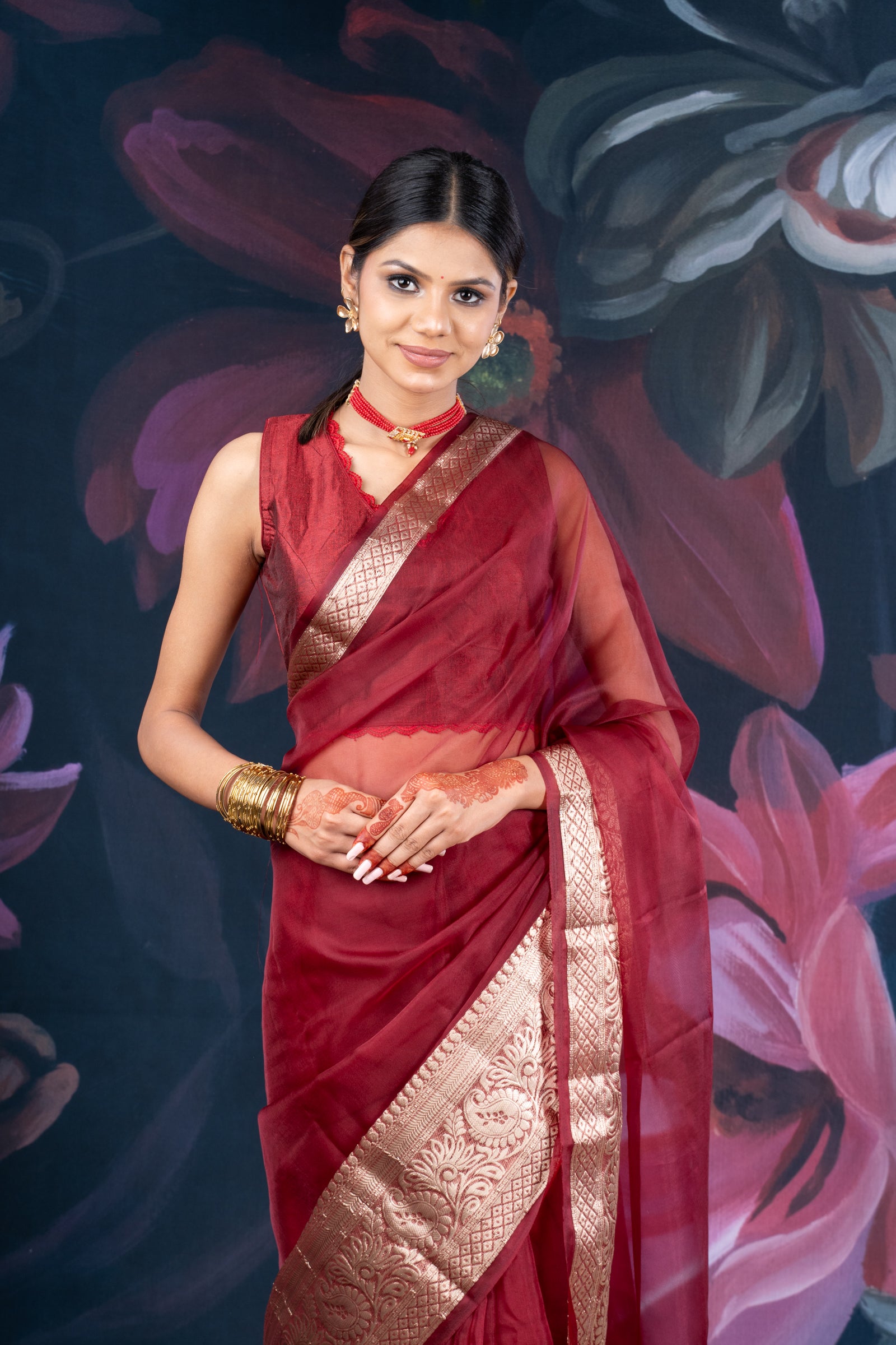 Maroon Organza Saree with Zari Border and Chitt Paloo