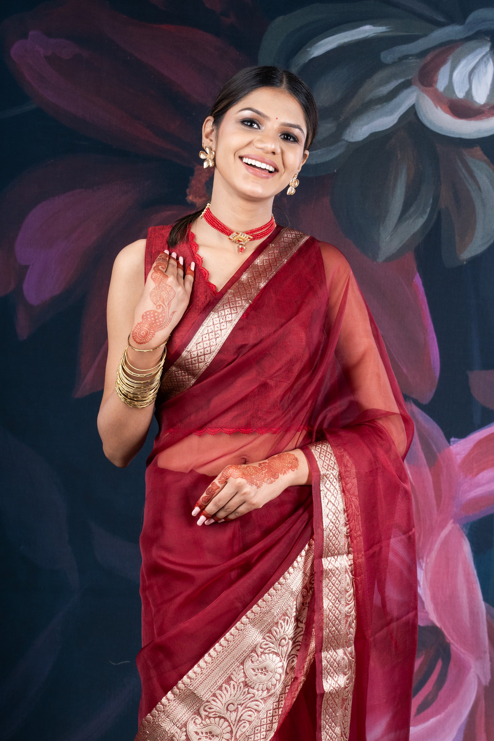 Maroon Organza Saree with Zari Border and Chitt Paloo