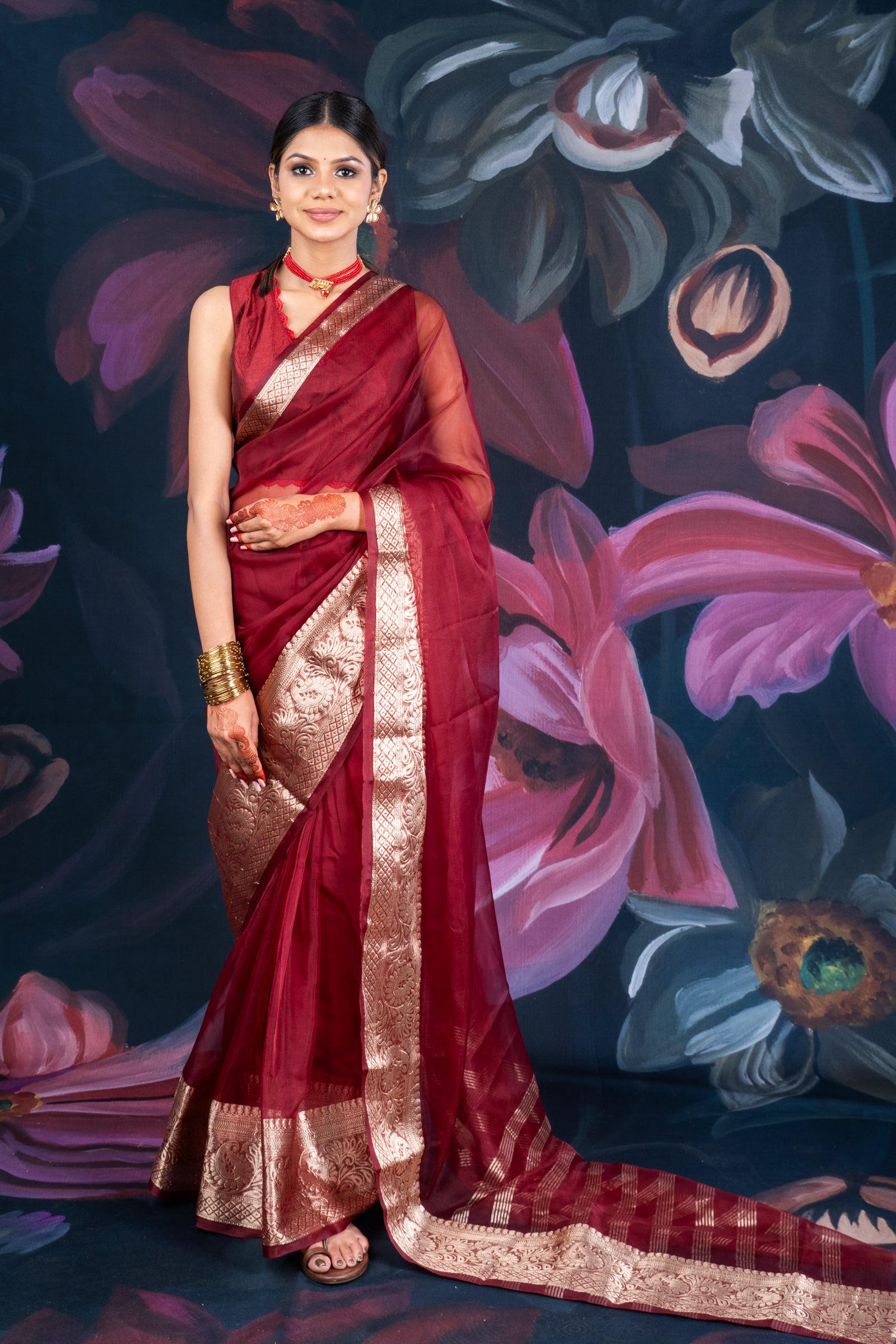 Maroon Organza Saree with Zari Border and Chitt Paloo