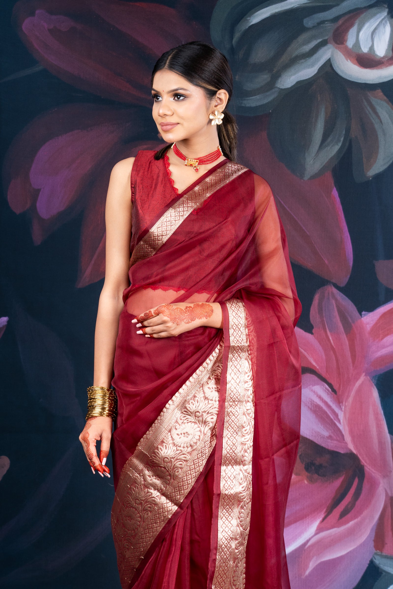 Maroon Organza Saree with Zari Border and Chitt Paloo