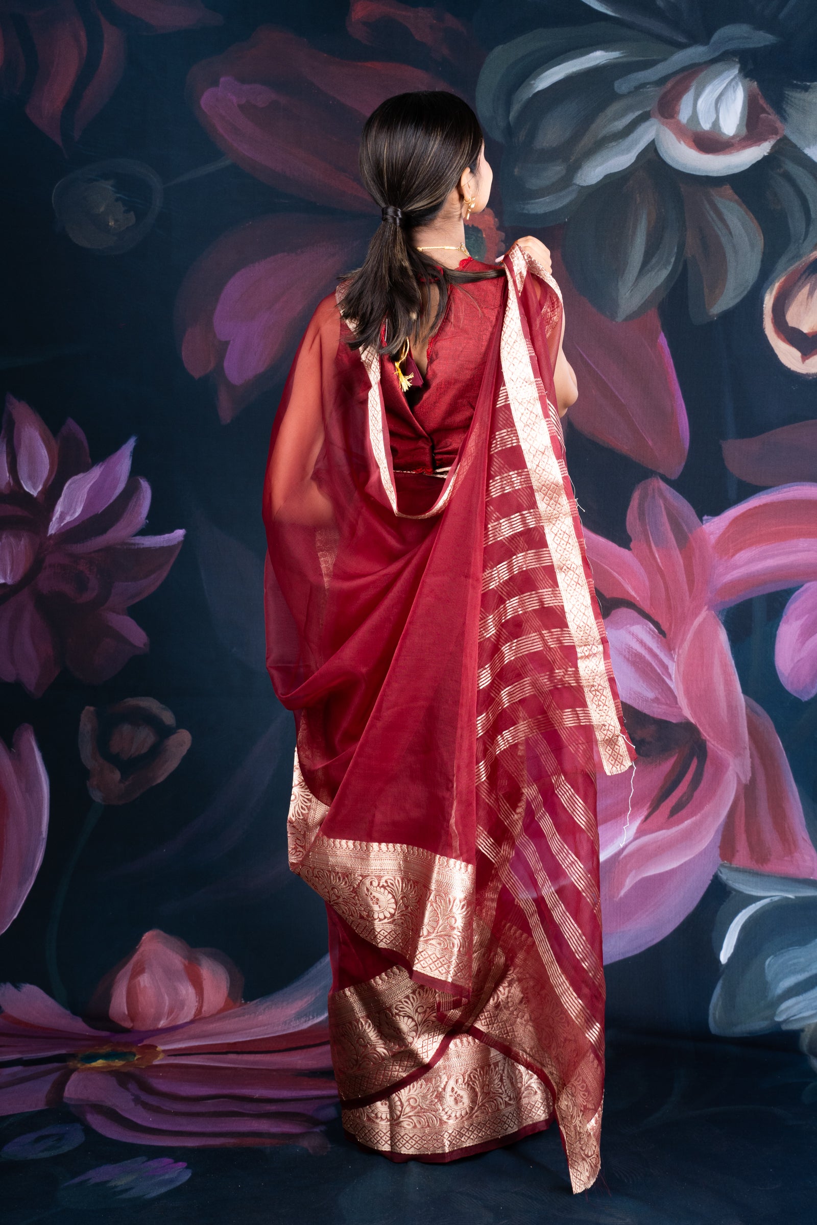 Maroon Organza Saree with Zari Border and Chitt Paloo