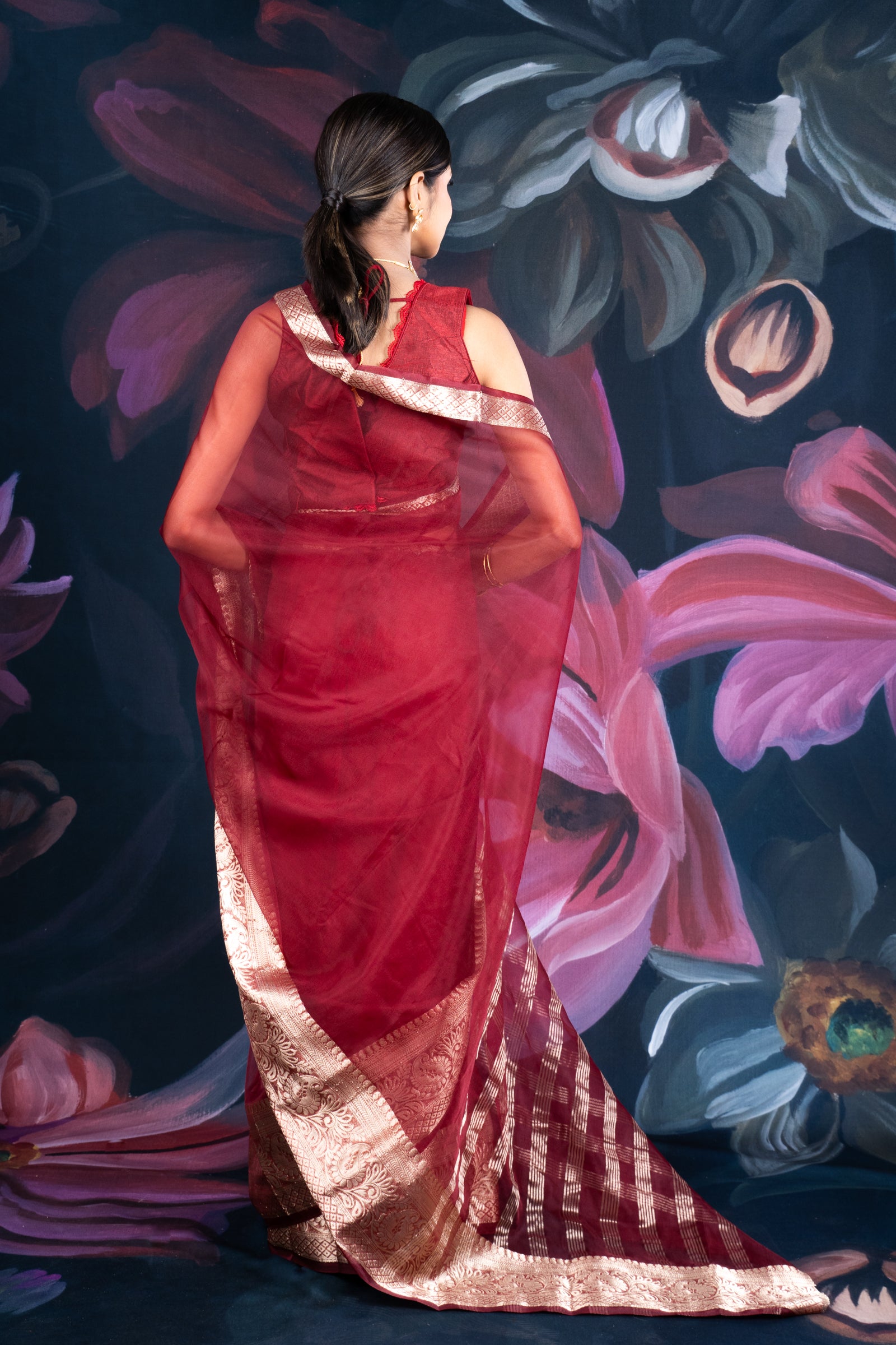 Maroon Organza Saree with Zari Border and Chitt Paloo