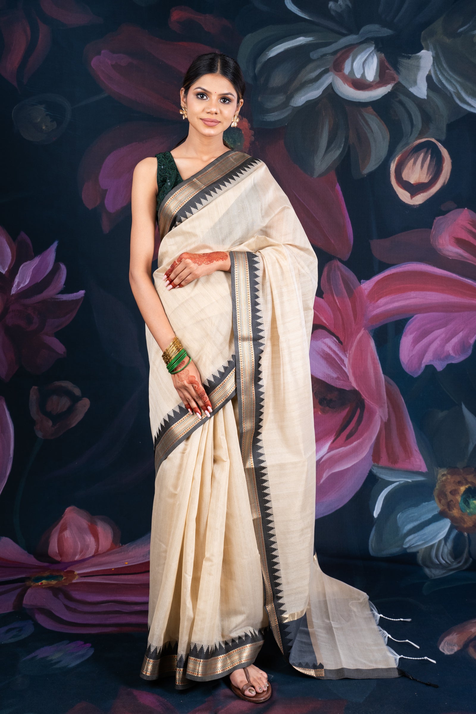 Elegant Beige Chanderi Cotton Saree with Black Temple Border