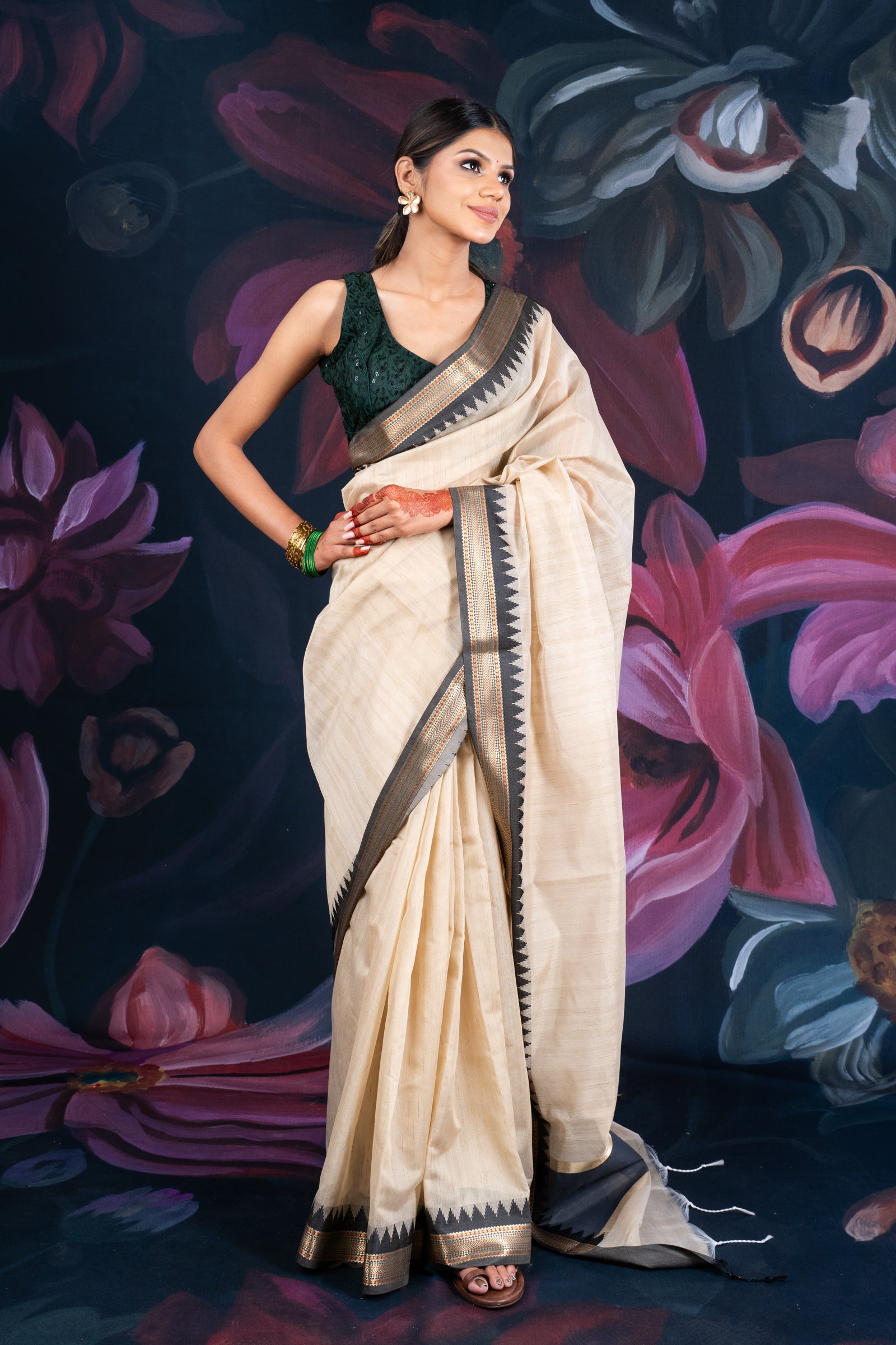 Elegant Beige Chanderi Cotton Saree with Black Temple Border