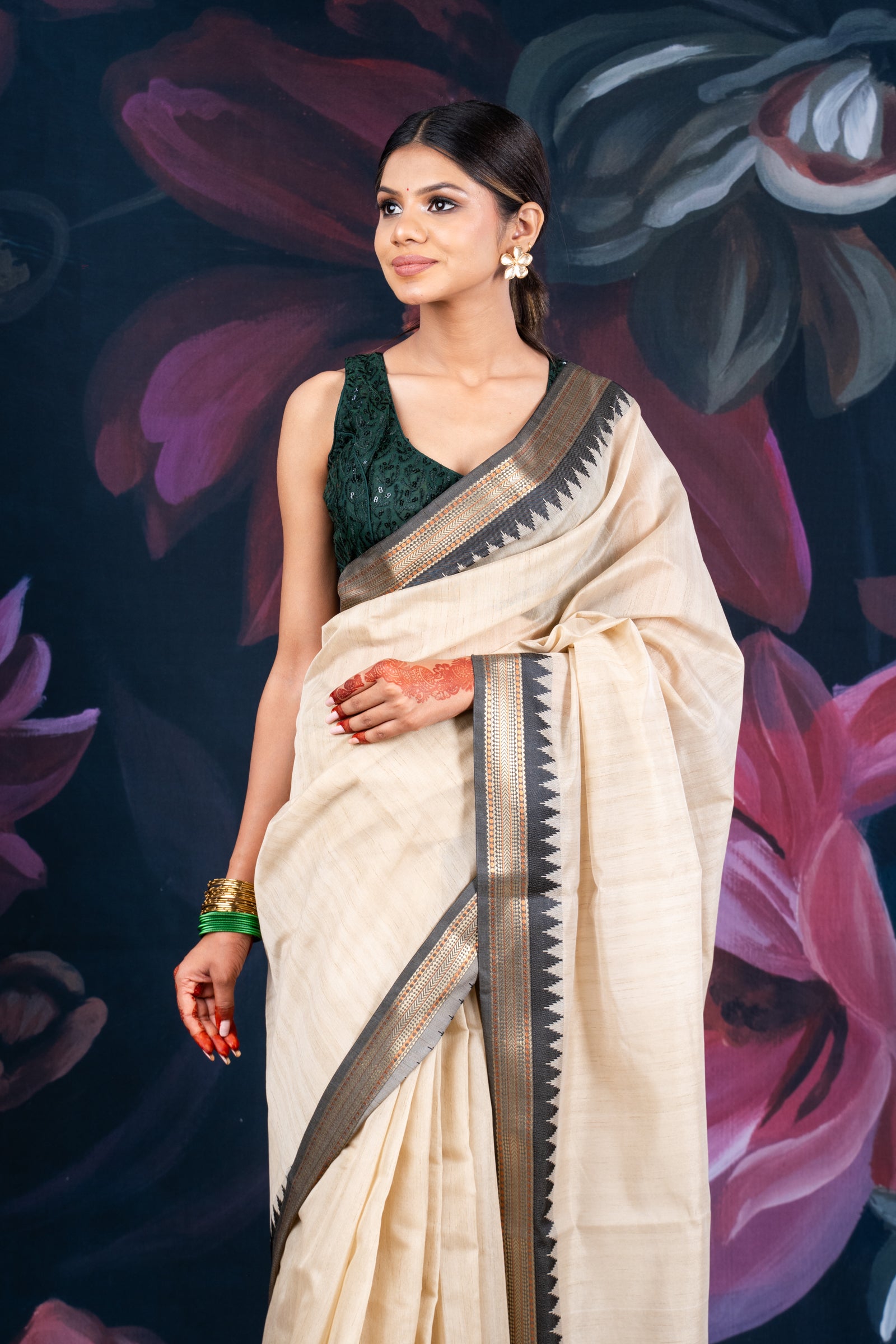 Elegant Beige Chanderi Cotton Saree with Black Temple Border